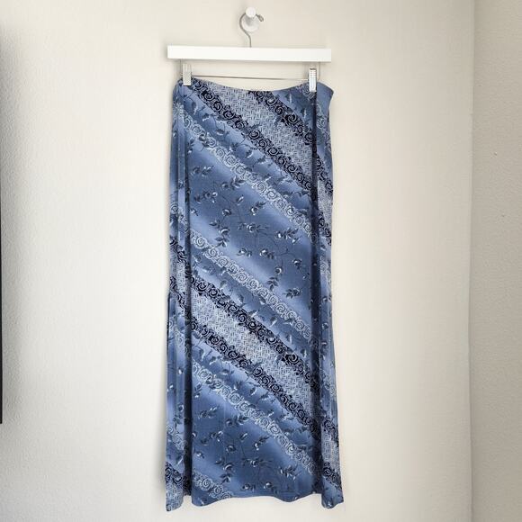 Vintage 90s Blue Floral Striped Maxi Skirt Pull On Side Hem Split M - Picture 9 of 13